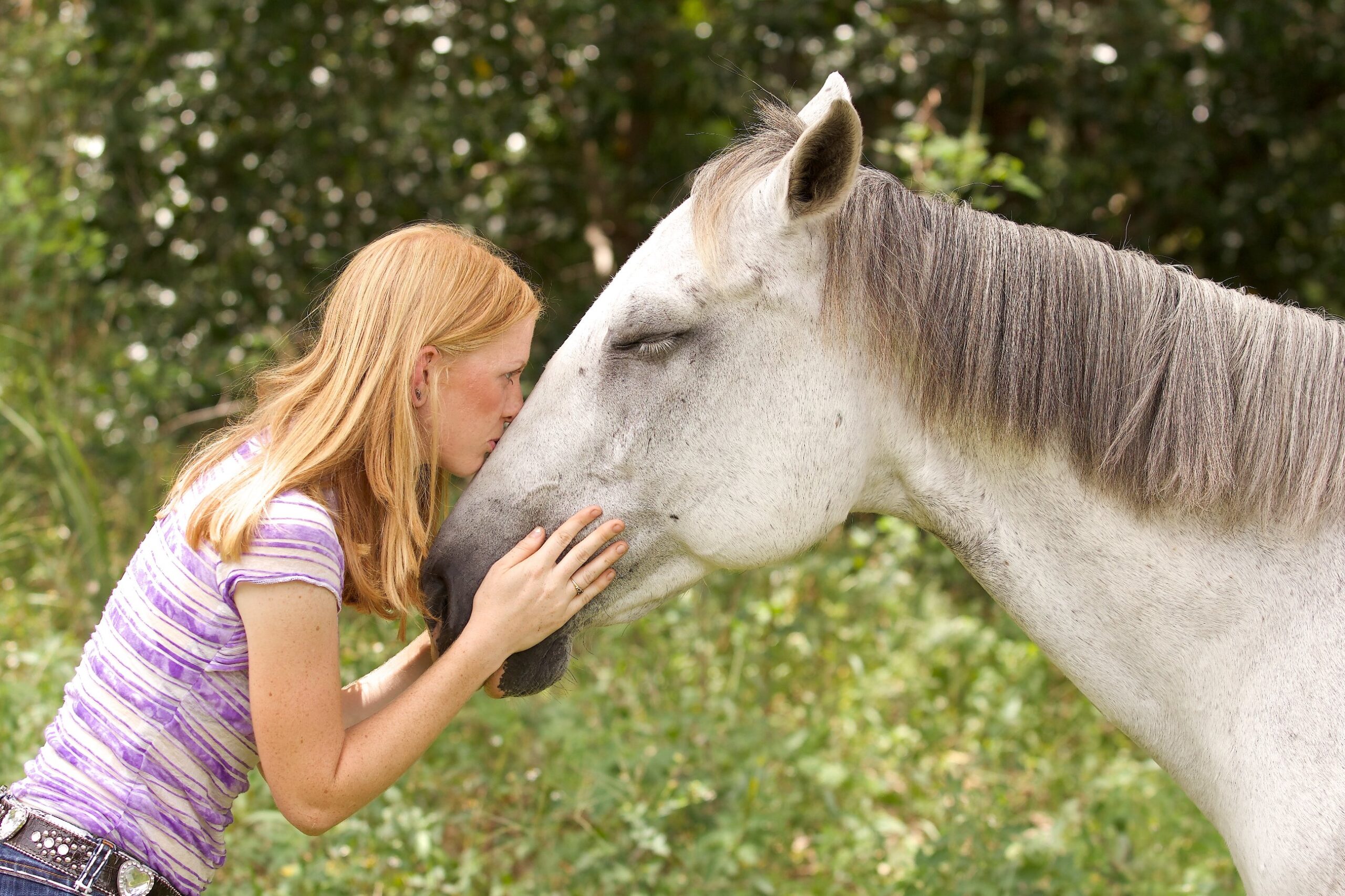 woman kisses her horse - cute photoshoot with pets