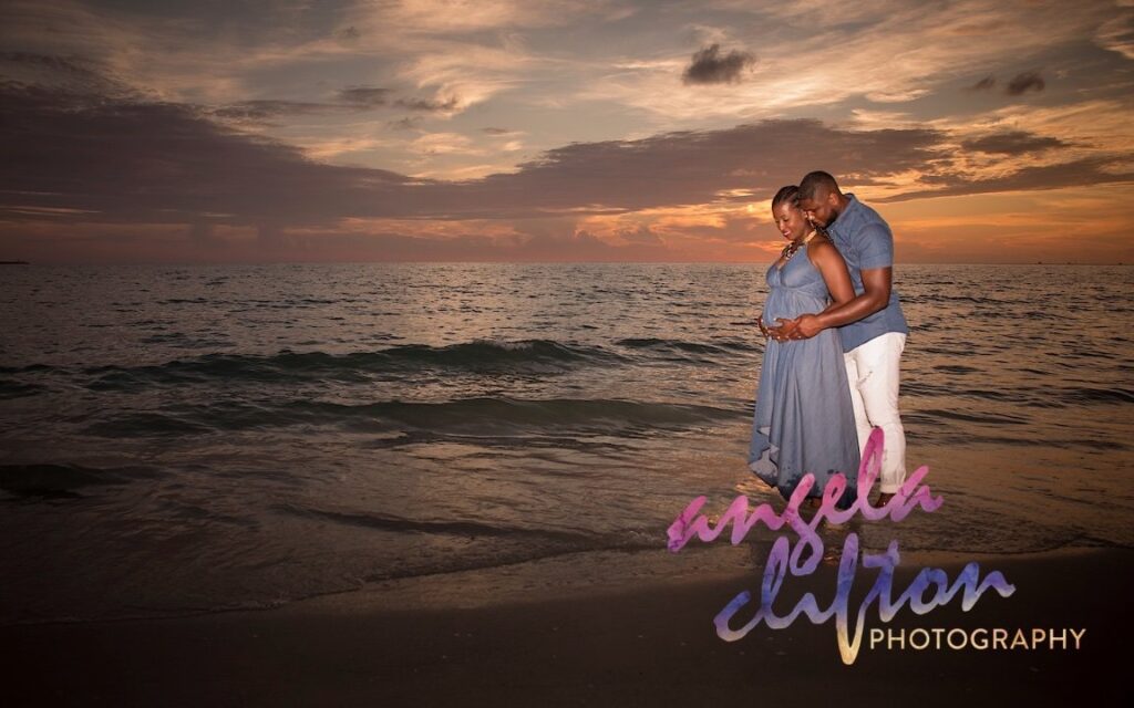 pregnant woman and significant other  on Clearwater beach at sunset - gender reveal ideas with husband
