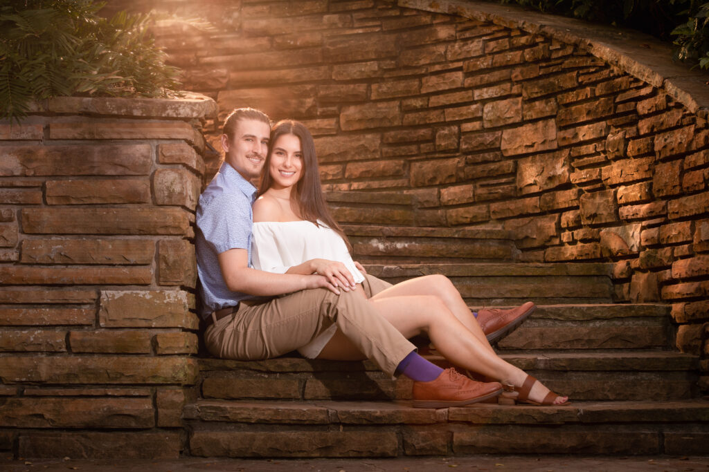 Engagement photo at Philippe Park on stone steps